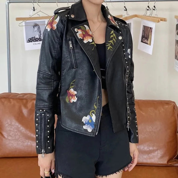 Embroidered PU Leather Jacket