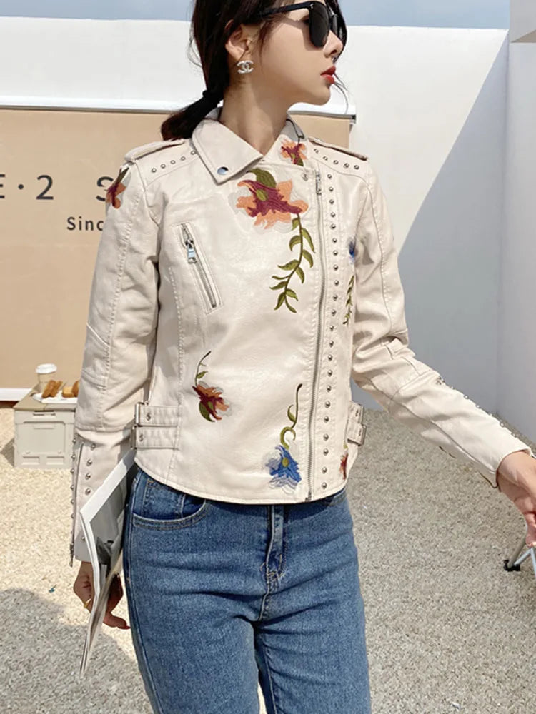 Embroidered PU Leather Jacket